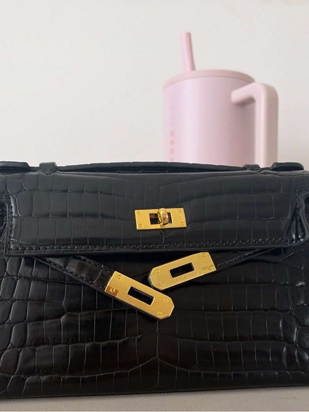 Black Croc-Embossed Leather Top-Handle Bag with Gold Hardware